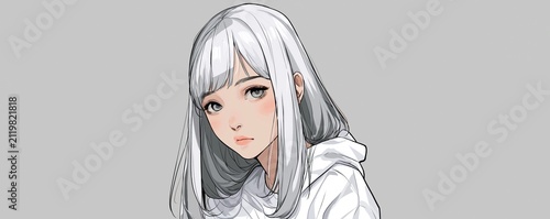 Anime Girl with Silver Hair and White Hoodie Soft Portrait Illustration