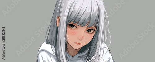 Anime Girl with Silver Hair and White Hoodie Soft Portrait Illustration