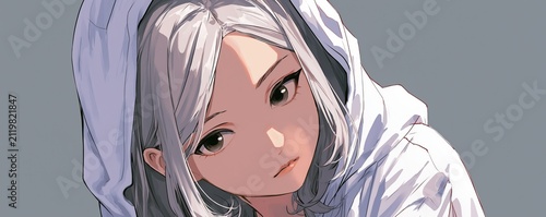 Anime Girl with Silver Hair and White Hoodie Soft Portrait Illustration