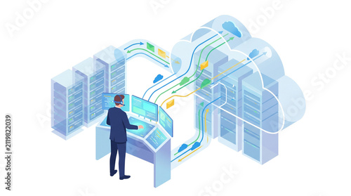 Man in suit interacting with futuristic cloud computing data center servers.