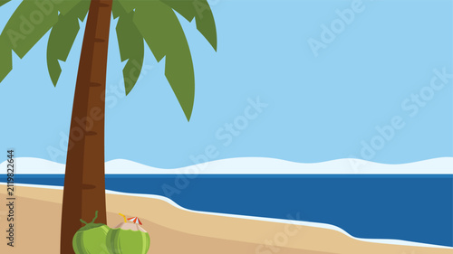 Flat illustration of coconut tree on a beautiful beach landscape with simple design.
