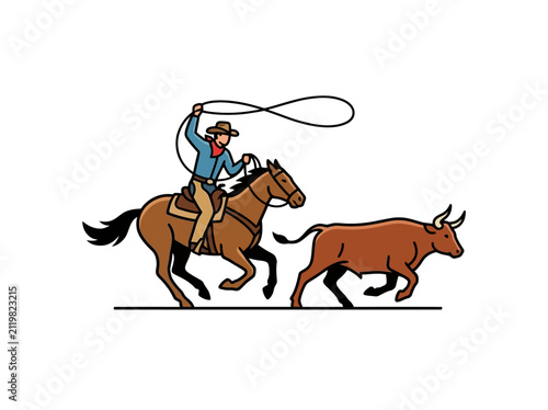 Принти на полотні A cowboy on horseback in a western rodeo scene, actively roping a running bull with a lasso