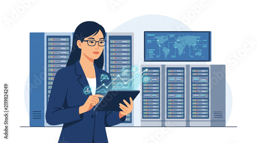Woman working with tablet in data center with servers.