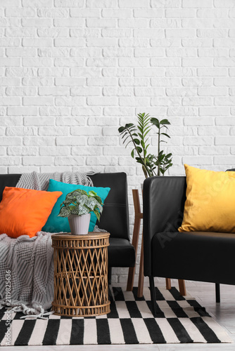 Black leather sofa, coffee ...