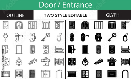 Door Entrance Access Precision Line and Black Filled Vector Icon Collection for Building Security Interior Architecture Navigation System