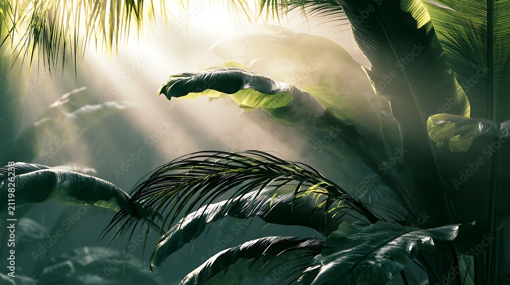 Fototapeta premium tropical jungle with sunbeams shining through palm leaves