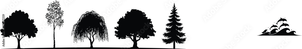Fototapeta premium Collection of various tree silhouettes including maple, birch, willow, oak, and pine isolated on a white background, for nature