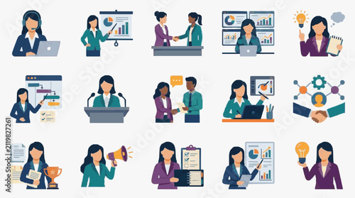 Minimalist Illustrations of Professional Business Women Engaged in Diverse Office Activities and Concepts