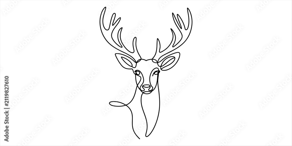 Obraz premium Minimalist continuous single line drawing of a deer head with large antlers in a simple artistic style for modern wall art and creative graphic design