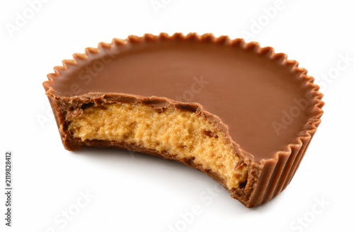 Chocolate Peanut Butter Cup with Bite Mark Isolated on White Background Delicious Confectionery Treat