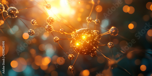 Abstract Molecular Network with Glowing Particles and Connected Atoms