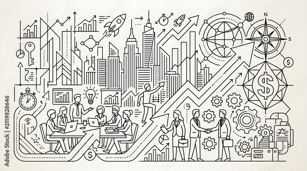 Fototapeta premium Detailed line art illustration representing business growth, strategy, and corporate success in a modern city