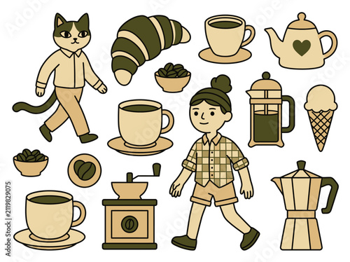 Fotografie Coffee shop flat icon set with characters, brewing tools, and snacks in a cozy earth-tone style