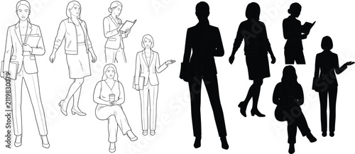 Businesswoman Character Pose Collection with Silhouette and Outline Vector Illustration Set for Professional Design