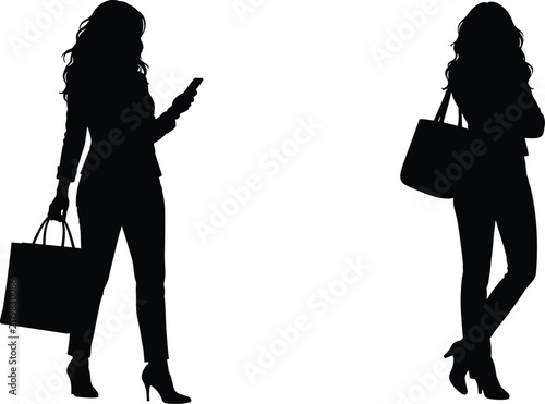 Businesswoman Shopping Silhouette Collection with Smartphone and Handbag Isolated on White Background