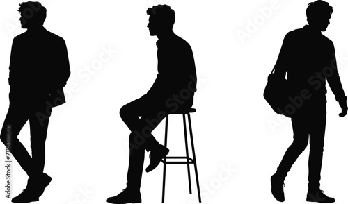 Casual Young Man Silhouette Collection with Standing Walking and Sitting Poses Vector Illustration