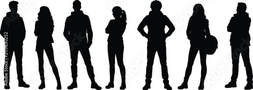 Casual Young People Silhouette Collection with Standing Men and Women Vector Set