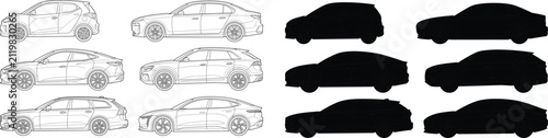 Car Side View Vector Collection with Outline Drawings and Silhouette Vehicle Illustration Set