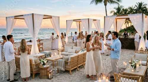 Elegant beach party with white tents and tropical sunset ambiance