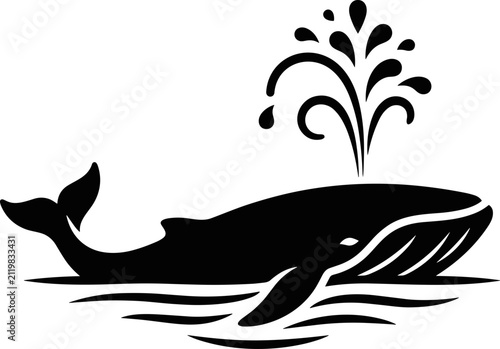 Quadro su tela Minimalist black silhouette of a whale blowing water spray.