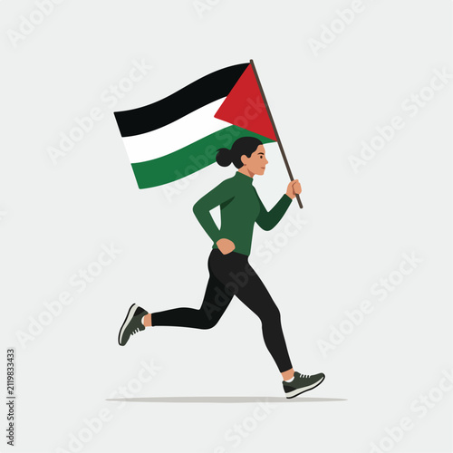 Flat illustration of people carrying the Palestinian flag.