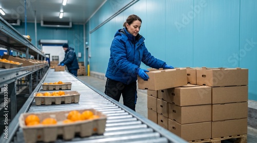 Worker transfers orchard fruit through a refrigerated sorting lane