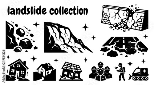 Foto landslide disaster elements featuring falling rocks unstable hills collapsed roa