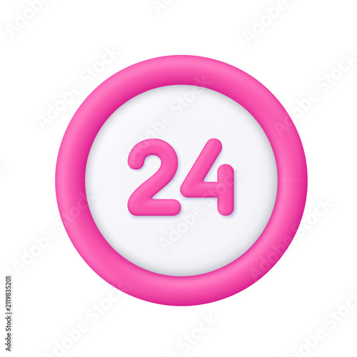 Pink 24 hours service icon on circle badge. 24 h support, all day availability, customer service, nonstop operation and around the clock assistance concept. 3d vector icon. Cartoon minimal style.