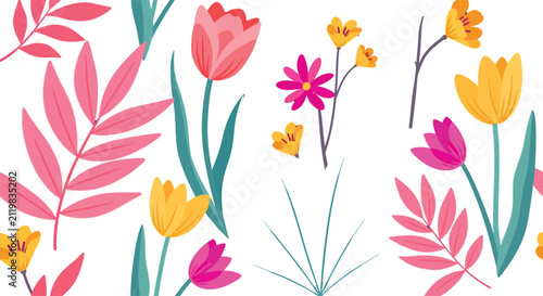 Seamless Pink Tulip Floral Pattern Vector Illustration with Spring Flowers and Leaves for Nature Background Decoration Card Design and Botanical Textile Print