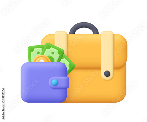 Yellow briefcase and purple wallet with coin and cash banknotes. Personal finance, money management, savings, income, budget and business concept. 3d vector icon. Cartoon minimal style.
