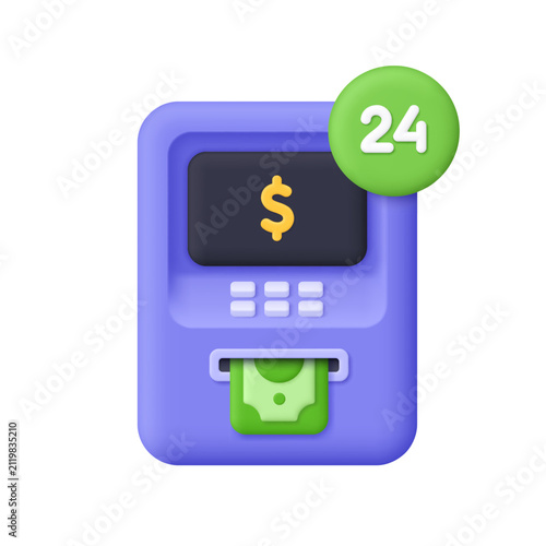 ATM machine with cash withdrawal and green 24 hour service badge. Banking, finance, payment, money access, online banking and financial service concept. 3d vector icon. Cartoon minimal style.