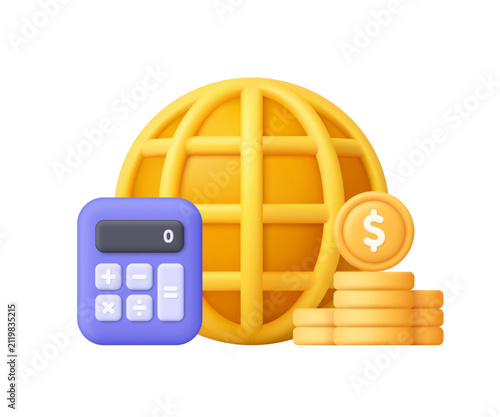 Yellow globe with purple calculator and coin stacks. International finance, global economy, financial calculations, investment analysis and worldwide business. 3d vector icon. Cartoon minimal style.