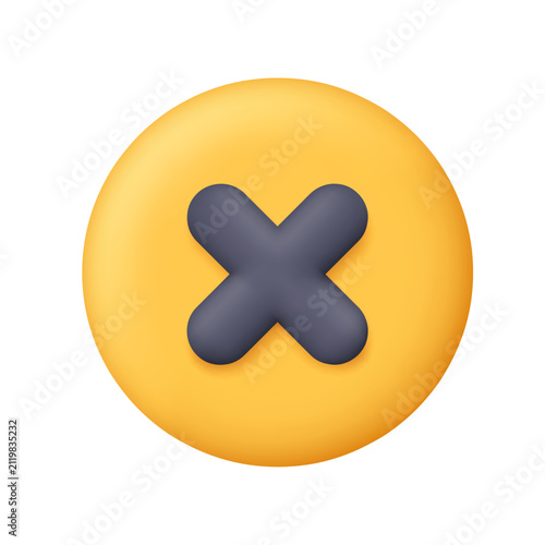 Black delete or cancel symbol on yellow badge. Delete, remove, cancel, close, error, incorrect action and rejection concept. 3d vector icon. Cartoon minimal style.