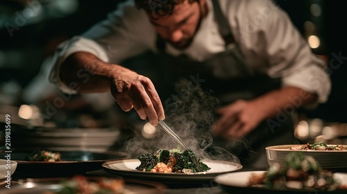 Dim professional kitchen shot of chef garnishing steaming dish with tweezers, central plate with dark leafy greens and diced veggies, layered tableware, shallow depth of field soft bokeh atmosphere