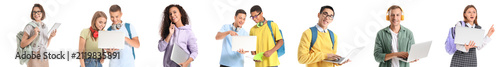 Diverse group of happy students with modern gadgets and backpacks, education ...