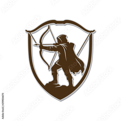 Archer with Bow and Arrow Silhouette Shield Emblem Logo Design