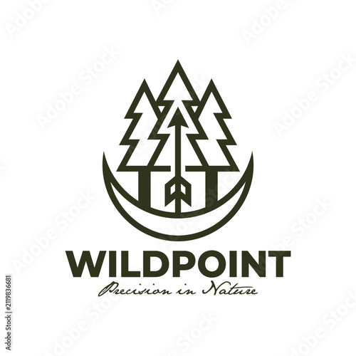 Outdoor adventure emblem featuring pine trees and arrow, nature-inspired logo design