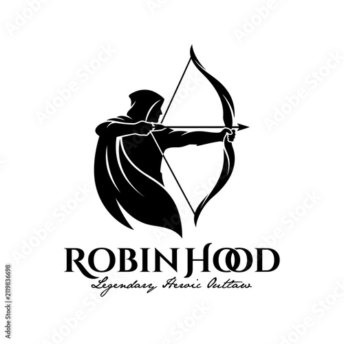 Hooded archer aiming bow and arrow silhouette logo design