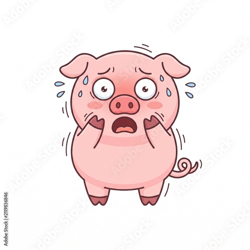 Scared Pig Character Vector Illustration, Scared and Sweating Cute Cartoon Piglet Isolated on White Background