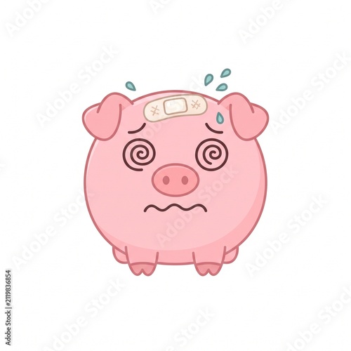 Dizzy and Injured Pig Character Vector Illustration, Sick Cartoon Piglet with Bandage Isolated on White Background