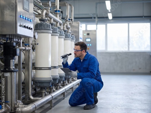 Male technician in blue overalls inspecting industrial water filtration system with flashlight and digital tablet.
