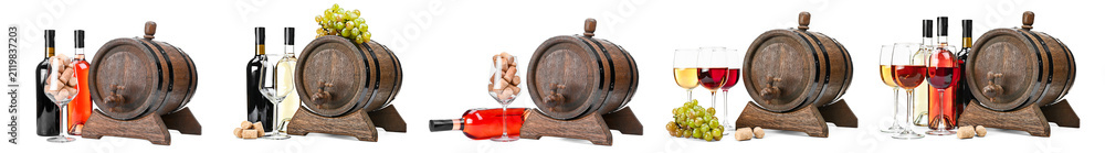 Obraz premium Wooden barrel with wine bottles and glasses on white background