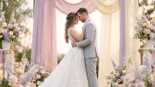 Bride and groom embrace under floral arch at outdoor wedding Generative AI