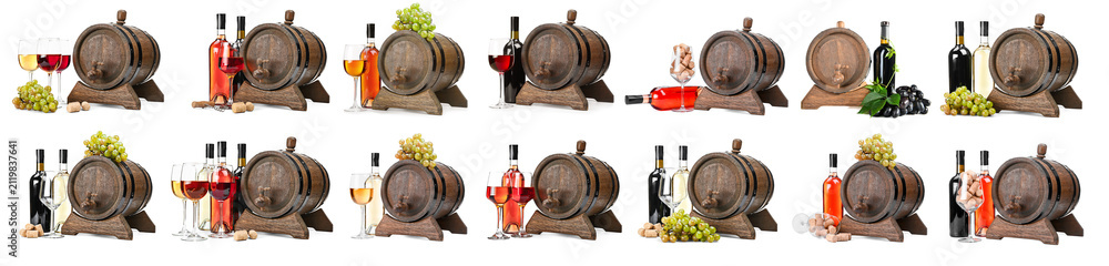 Obraz premium Wooden wine barrels with bottles and glasses of red, white, and rose wine