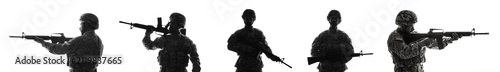 Fotografía Five military soldiers in camouflage uniform with assault rifles, army and defen