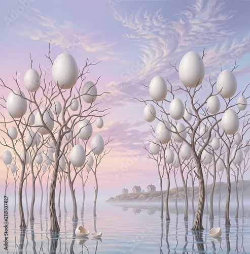 A surreal landscape where bare trees growing out of calm water hold giant white eggs in their branches under a pastel, misty sky.