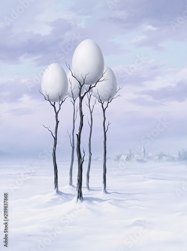 A surreal winter landscape features bare dark trees balancing giant smooth white eggs in their branches against a misty snowy field and distant village.