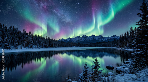 Aurora borealis glowing over snowy mountain lake with pine trees Generative AI