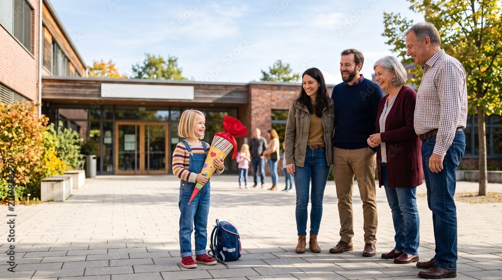 Obraz premium Three generations celebrate a childs first school day arrival