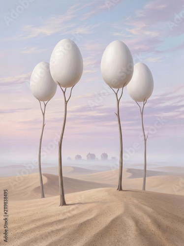 A surreal desert landscape features four thin bare trees holding giant white eggs, with a distant village shrouded in mist under a pastel sky.